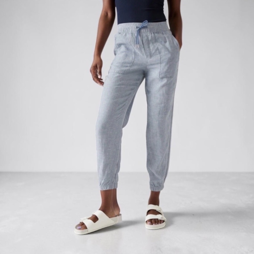 Athleta Cabo Linen Jogger Pants Light‎ Blue Chambray Drawstring Elastic Cuff 8